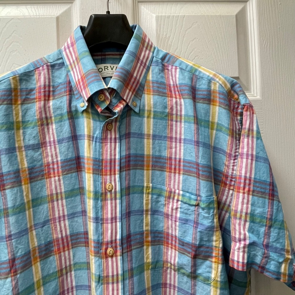 Orvis Men's XLarge Multicolor Plaid Linen/Cotton‎ Short Sleeve Button Up Shirt